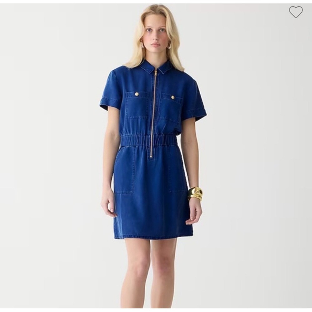 NWT J.Crew Zip Front Denim Mini Dress Short Sleeve Utility Style Dark Wash Sz 20